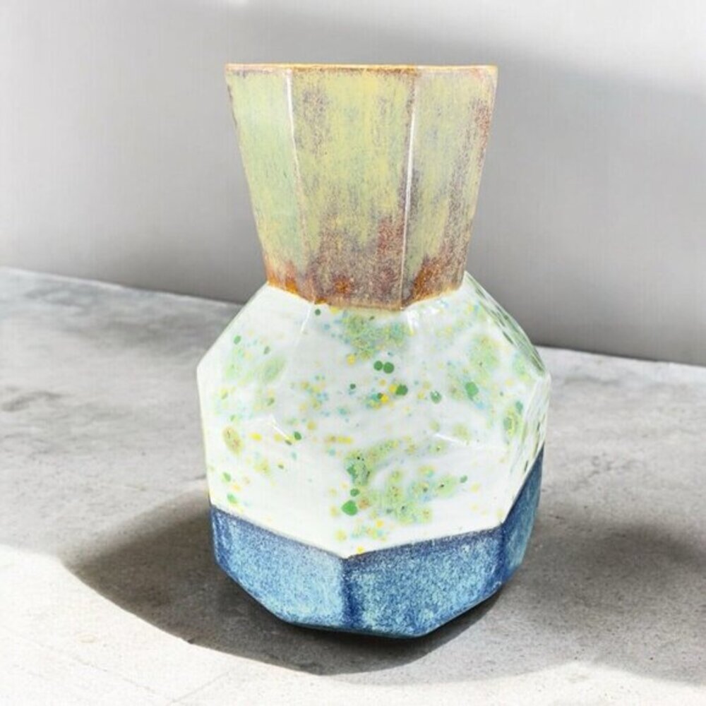 Mayco Colorful Hand Painted Ceramic Vessel Octagon Vase Signed On‎ Bottom Vase